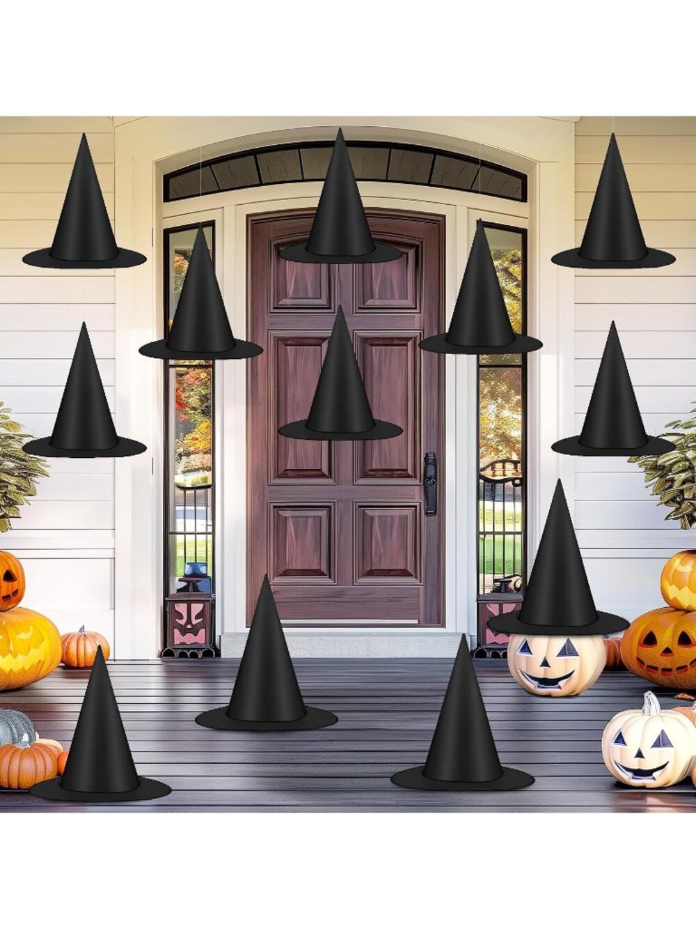 〽️12 PCS Halloween Witch Hats Black Hanging Porch Yard Decor Costume Wizard Cord